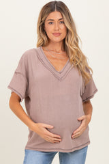 Taupe Ribbed Short Sleeve V-Neck Reverse Stitch Maternity Top