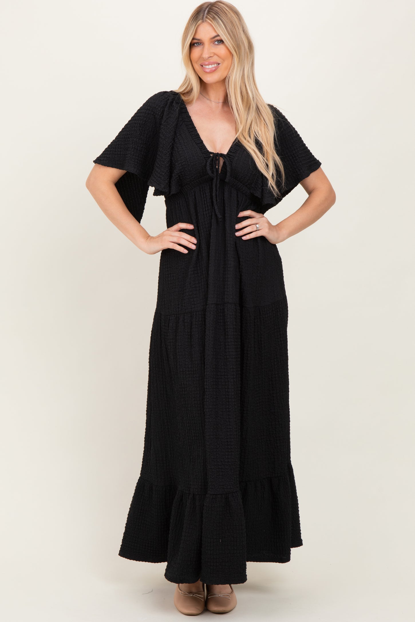 Black Woven Textured Flutter Sleeve V-Neck Tiered Maxi Dress