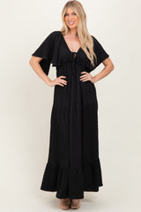 Black Woven Textured Flutter Sleeve V-Neck Tiered Maxi Dress