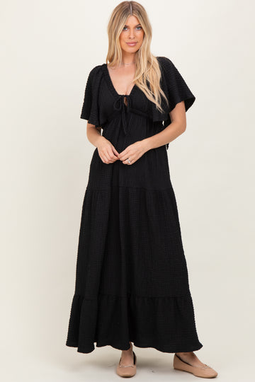 Black Woven Textured Flutter Sleeve V-Neck Tiered Maxi Dress