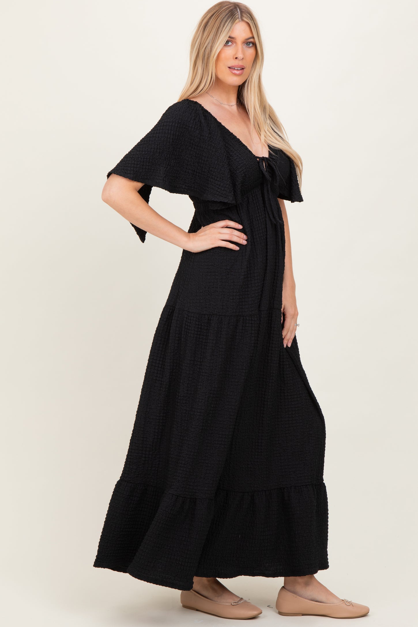 Black Woven Textured Flutter Sleeve V-Neck Tiered Maxi Dress