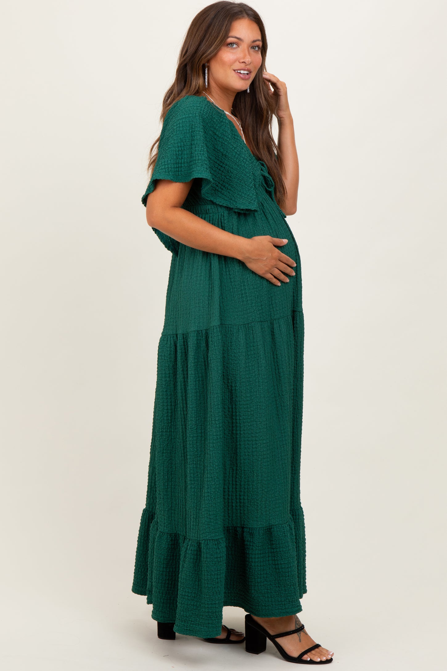 Hunter Green Woven Textured Flutter Sleeve V-Neck Tiered Maternity Maxi Dress