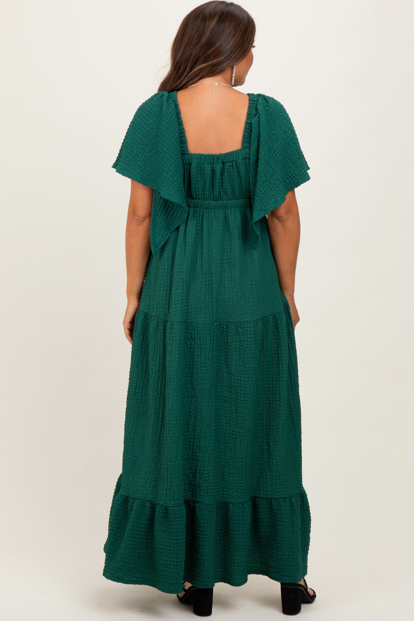 Hunter Green Woven Textured Flutter Sleeve V-Neck Tiered Maternity Maxi Dress