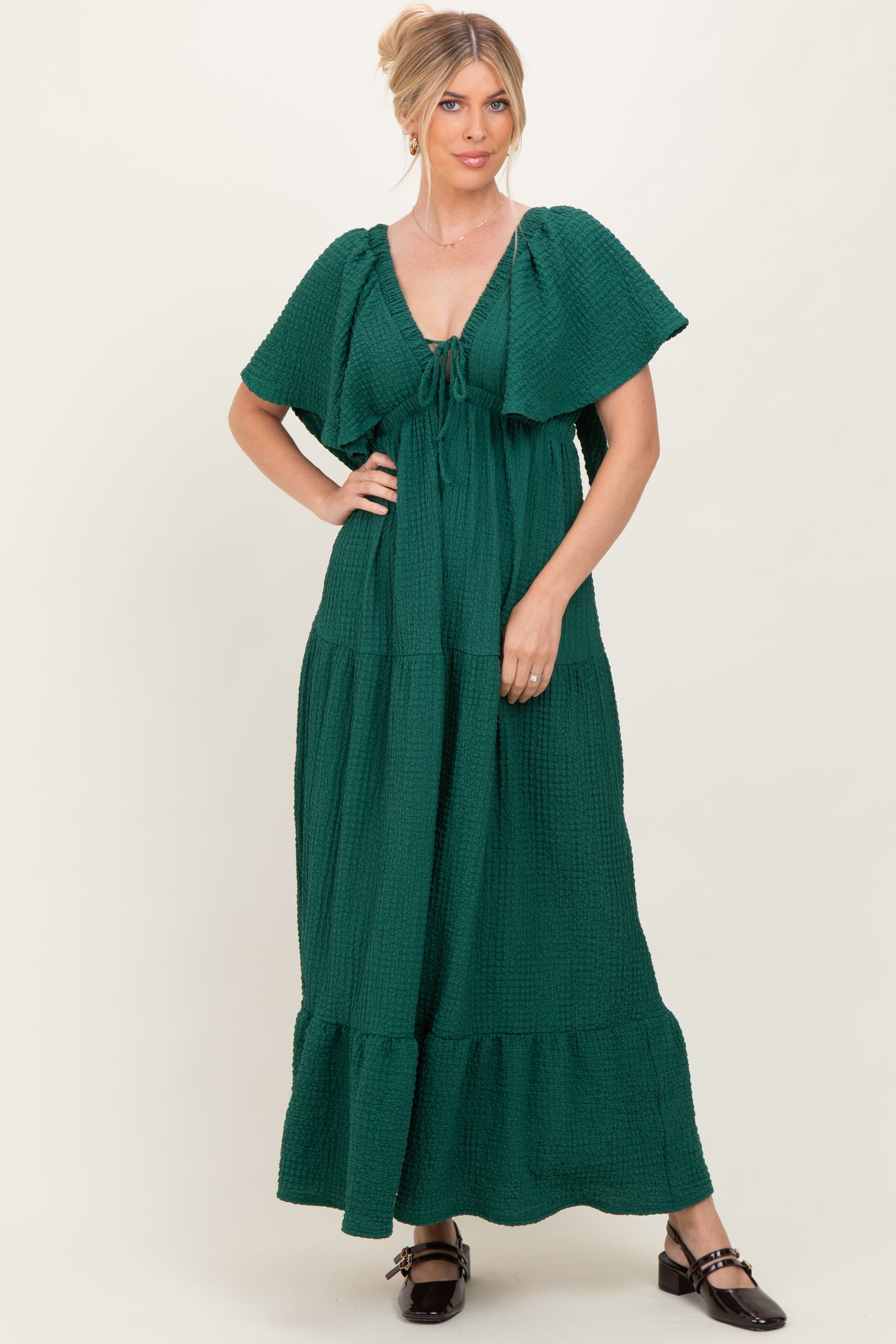 Hunter Green Textured Flutter Sleeve V-Neck Tiered Maxi Dress