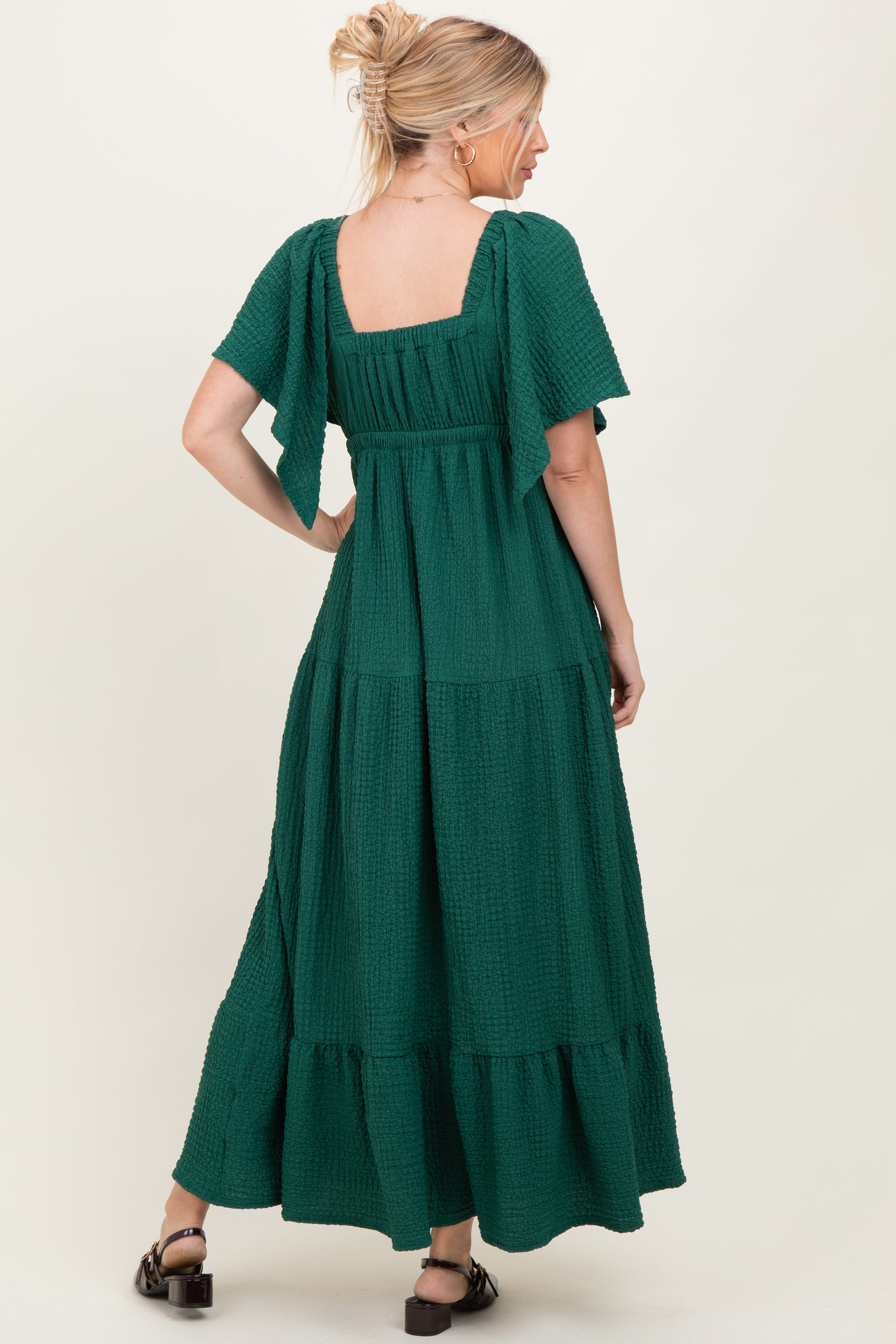 Hunter Green Textured Flutter Sleeve V-Neck Tiered Maxi Dress