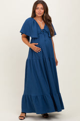 Royal Blue Woven Textured Flutter Sleeve V-Neck Tiered Maternity Maxi Dress