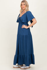 Royal Blue Textured Flutter Sleeve V-Neck Tiered Maxi Dress