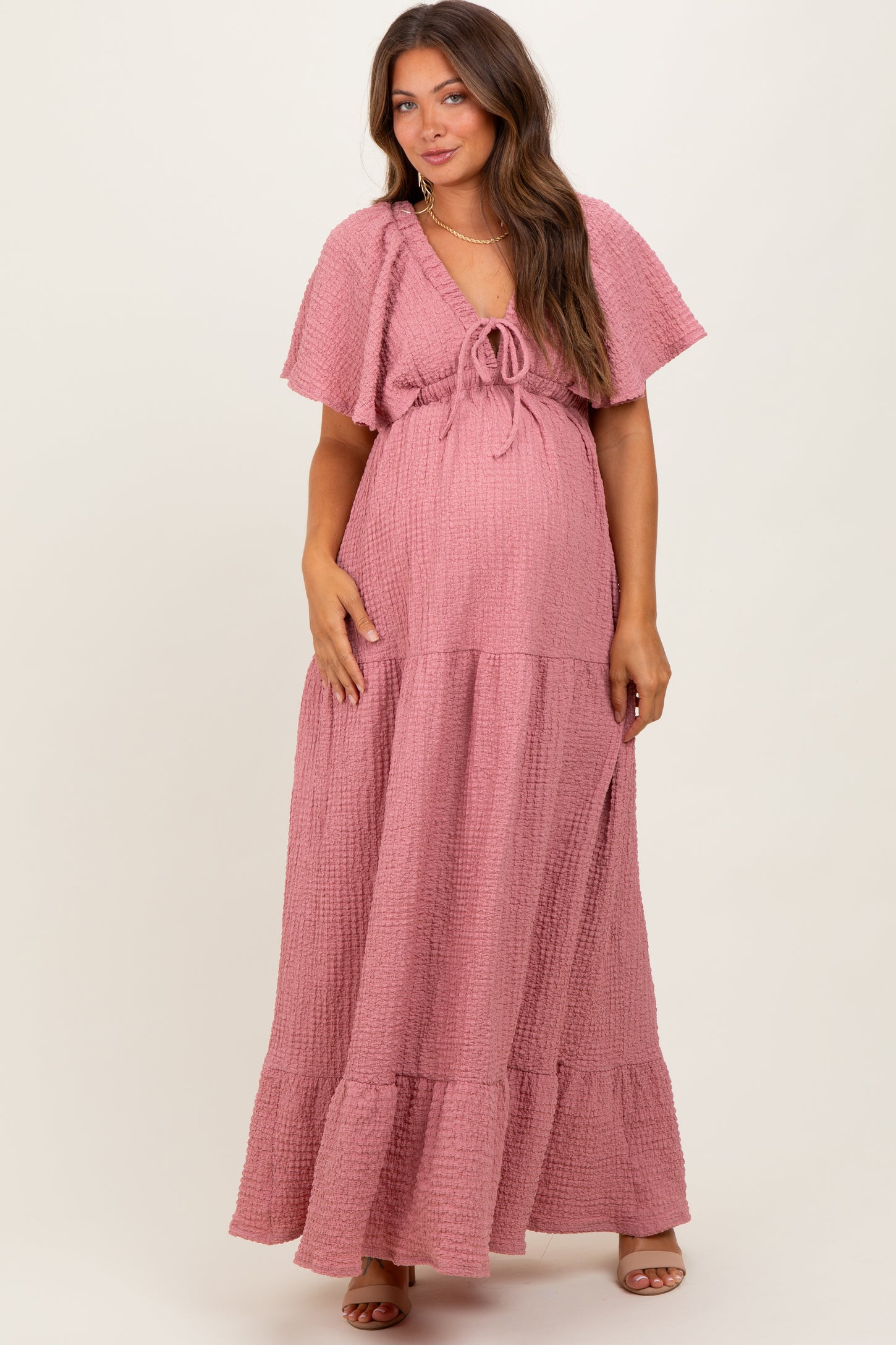Mauve Woven Textured Flutter Sleeve V-Neck Tiered Maternity Maxi Dress