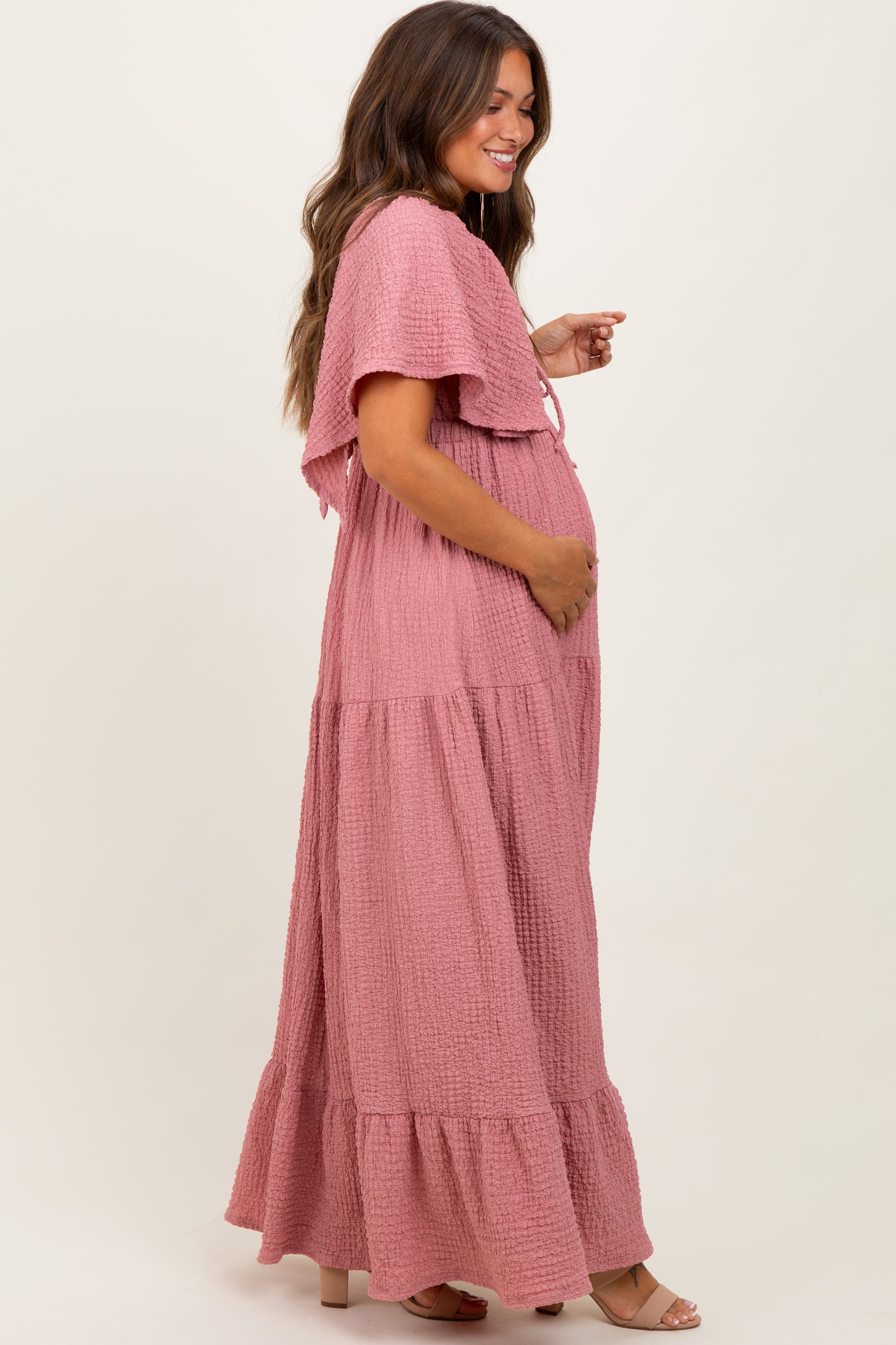 Mauve Woven Textured Flutter Sleeve V-Neck Tiered Maternity Maxi Dress