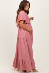 Mauve Woven Textured Flutter Sleeve V-Neck Tiered Maternity Maxi Dress