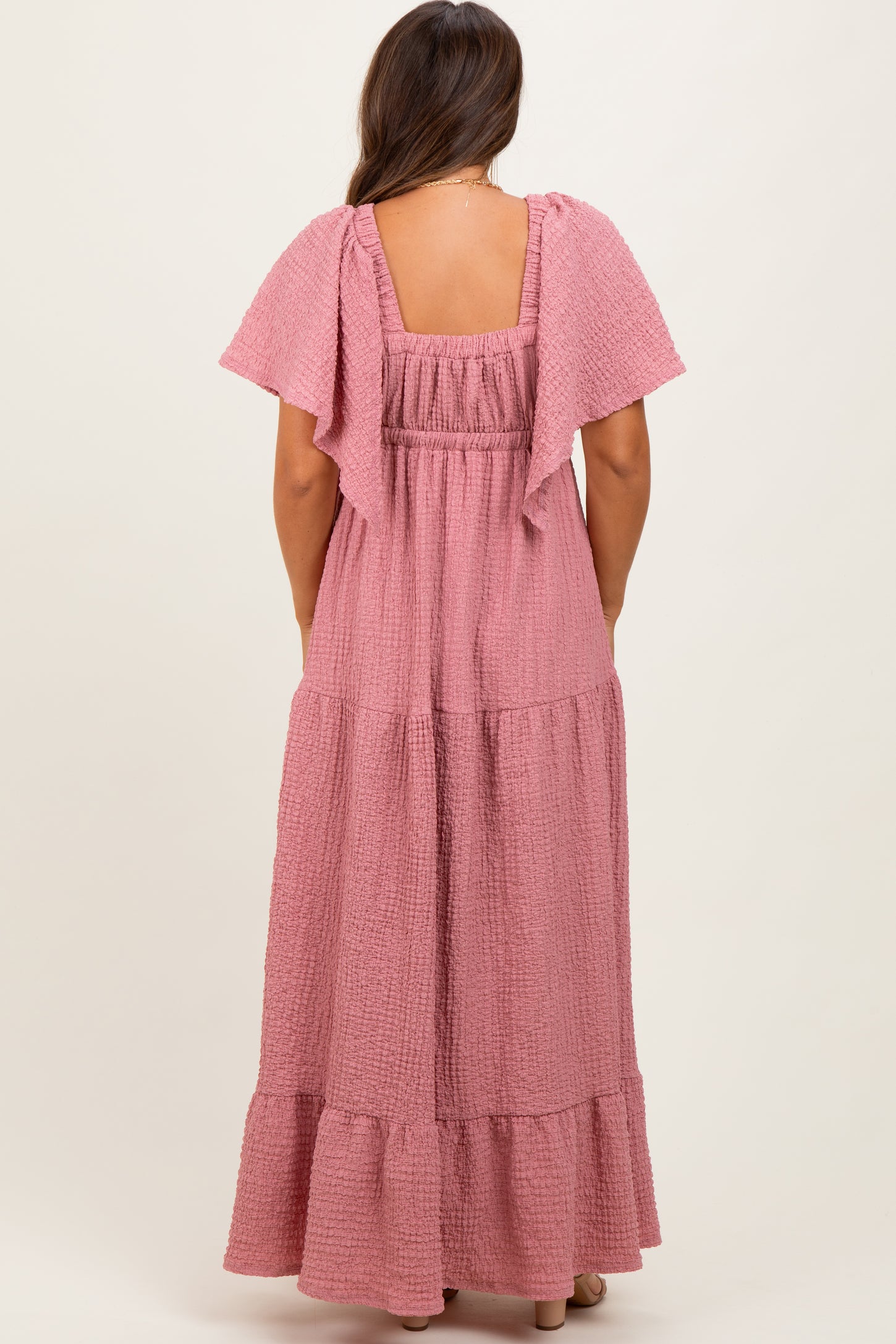 Mauve Woven Textured Flutter Sleeve V-Neck Tiered Maternity Maxi Dress
