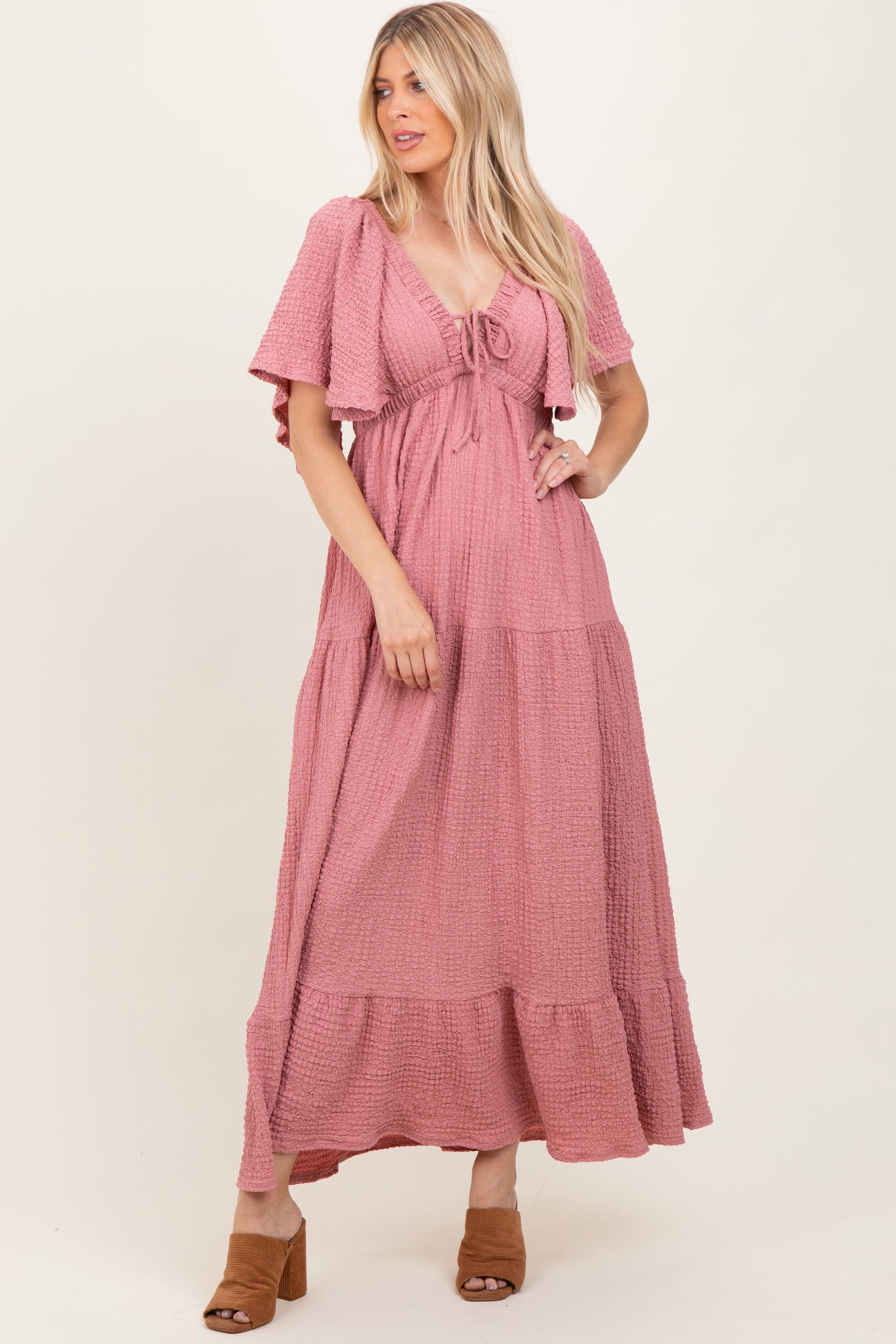 Mauve Textured Flutter Sleeve V-Neck Tiered Maxi Dress