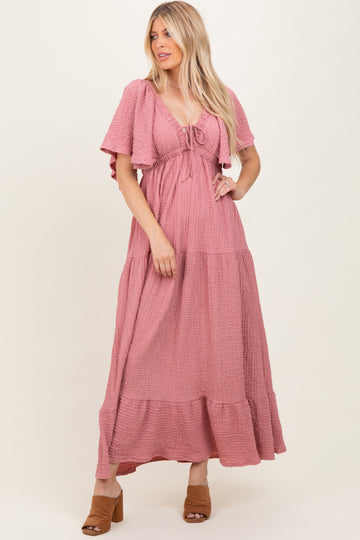 Mauve Textured Flutter Sleeve V-Neck Tiered Maxi Dress