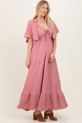 Mauve Textured Flutter Sleeve V-Neck Tiered Maxi Dress