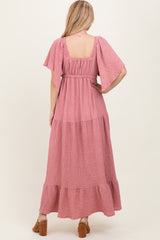 Mauve Textured Flutter Sleeve V-Neck Tiered Maxi Dress