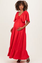 Red Woven Textured Flutter Sleeve V-Neck Tiered Maternity Maxi Dress