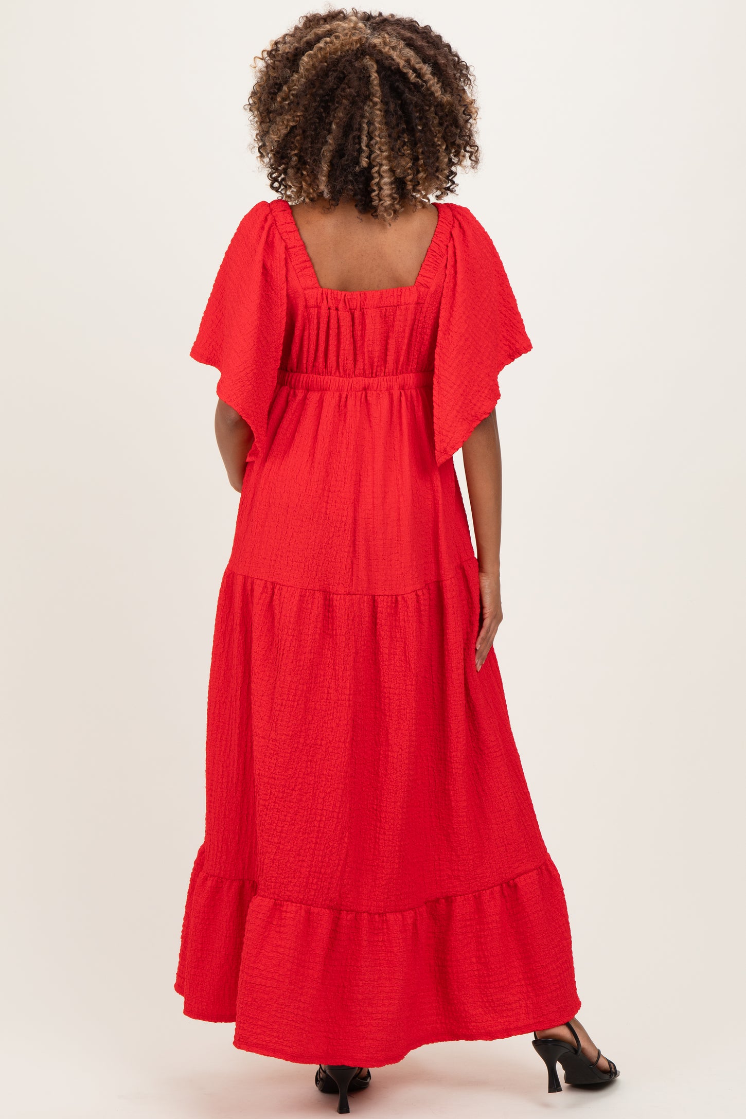 Red Woven Textured Flutter Sleeve V-Neck Tiered Maternity Maxi Dress