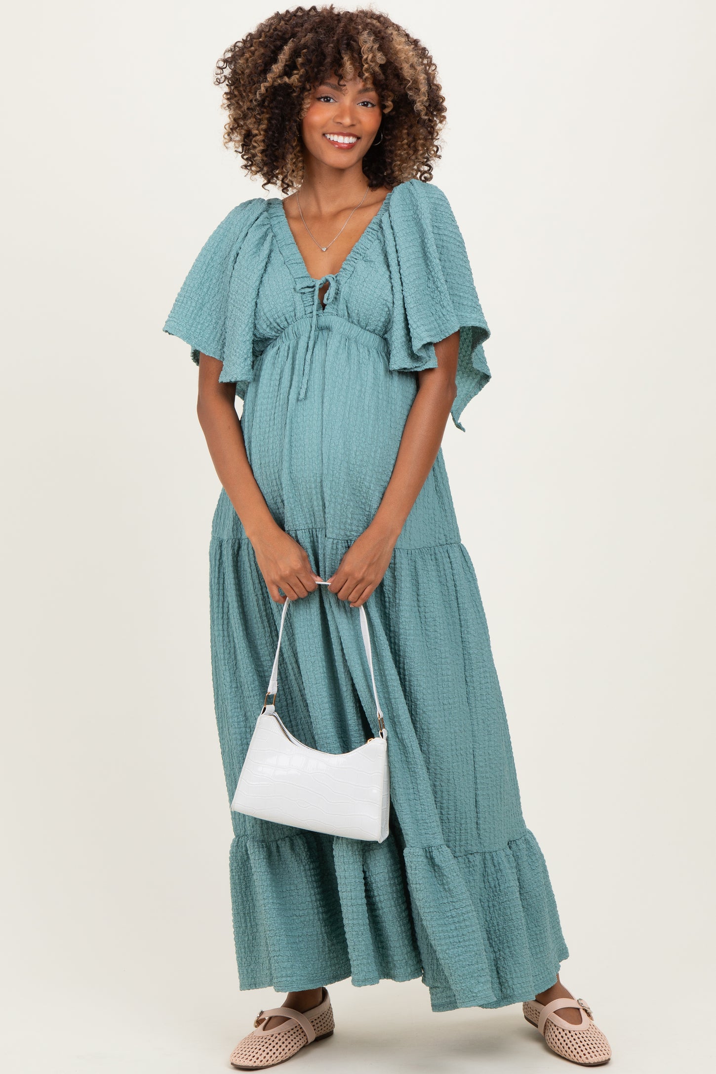 Sage Woven Textured Flutter Sleeve V-Neck Tiered Maternity Maxi Dress