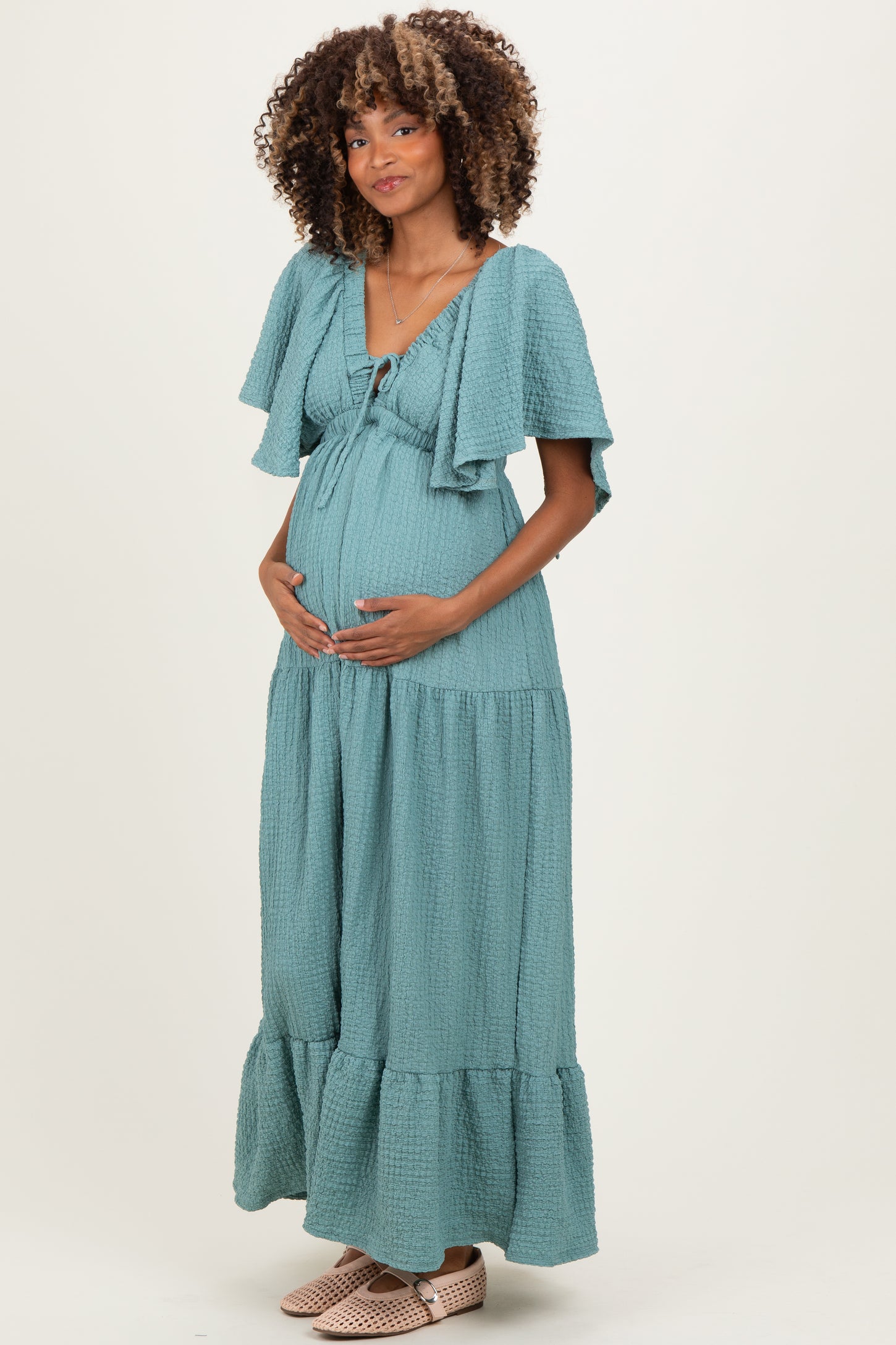 Sage Woven Textured Flutter Sleeve V-Neck Tiered Maternity Maxi Dress