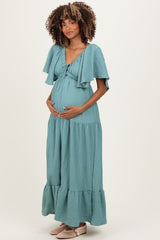 Sage Woven Textured Flutter Sleeve V-Neck Tiered Maternity Maxi Dress