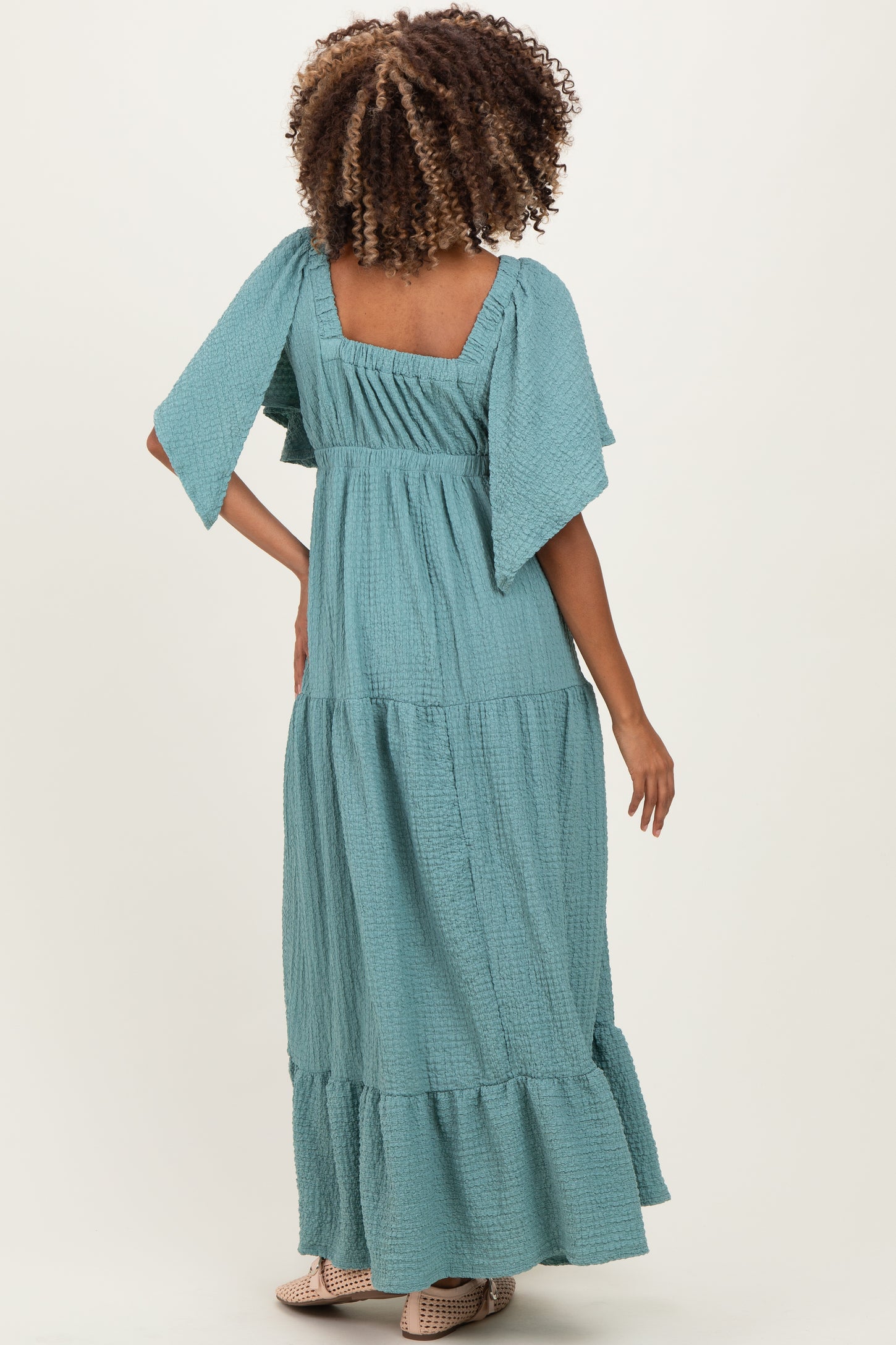 Sage Woven Textured Flutter Sleeve V-Neck Tiered Maternity Maxi Dress