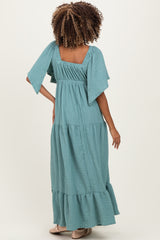 Sage Woven Textured Flutter Sleeve V-Neck Tiered Maternity Maxi Dress