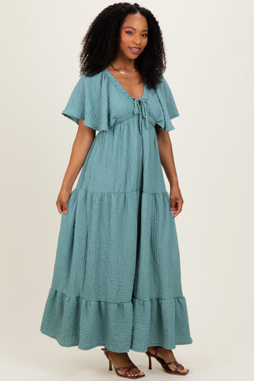 Sage Textured Flutter Sleeve V-Neck Tiered Maxi Dress