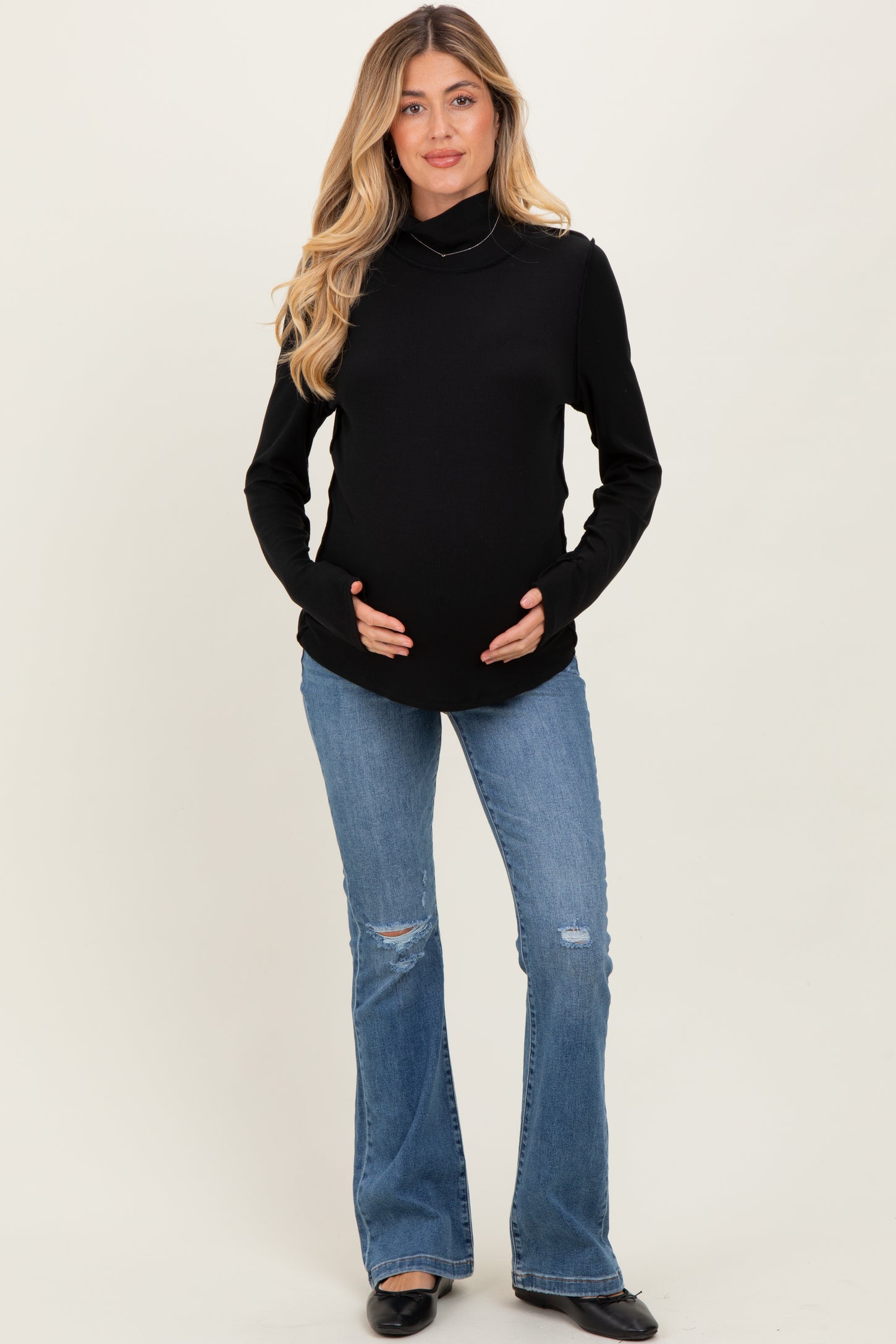 Black Solid Long Sleeve Ribbed Turtle Neck Maternity Top