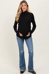 Black Solid Long Sleeve Ribbed Turtle Neck Maternity Top