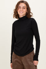 Black Solid Long Sleeve Ribbed Turtle Neck Top