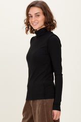 Black Solid Long Sleeve Ribbed Turtle Neck Top