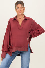 Burgundy Long Sleeve Reverse Stitch Collared Maternity Top