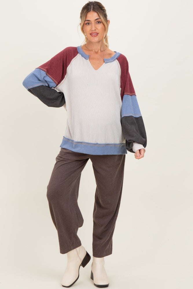 Burgundy Color Block Long Sleeve V-Neck Maternity Top