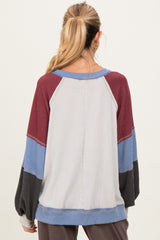 Burgundy Color Block Long Sleeve V-Neck Maternity Top