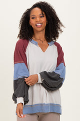 Burgundy Color Block Long Sleeve V-Neck Maternity Top