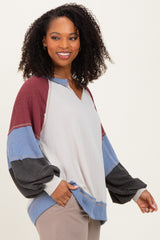 Burgundy Color Block Long Sleeve V-Neck Top