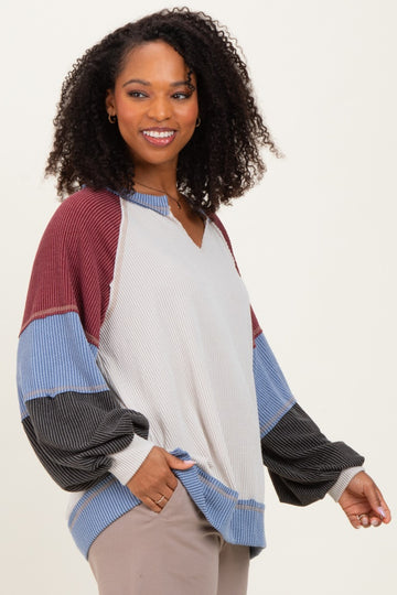 Burgundy Color Block Long Sleeve V-Neck Top