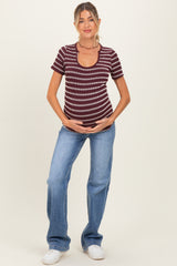 Burgundy Stripe Short Sleeve Round Neck Maternity Top