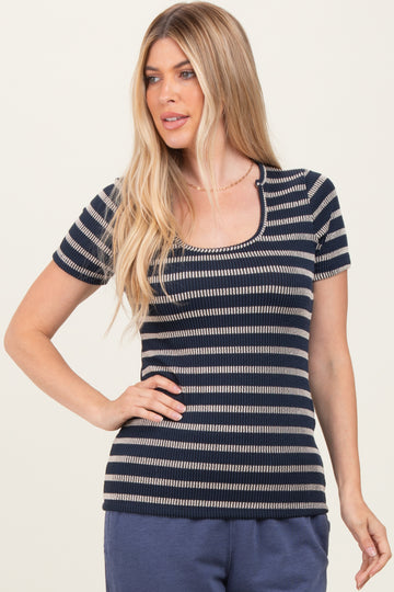 Navy Stripe Short Sleeve Round Neck Top