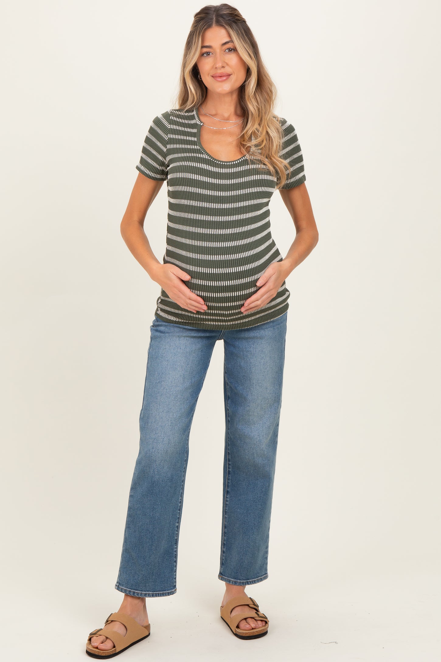 Olive Stripe Short Sleeve Round Neck Maternity Top