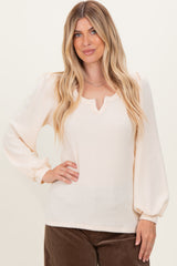 Cream Solid Ribbed Long Sleeve V-Neck Tunic Top