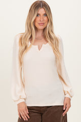Cream Solid Ribbed Long Sleeve V-Neck Tunic Top