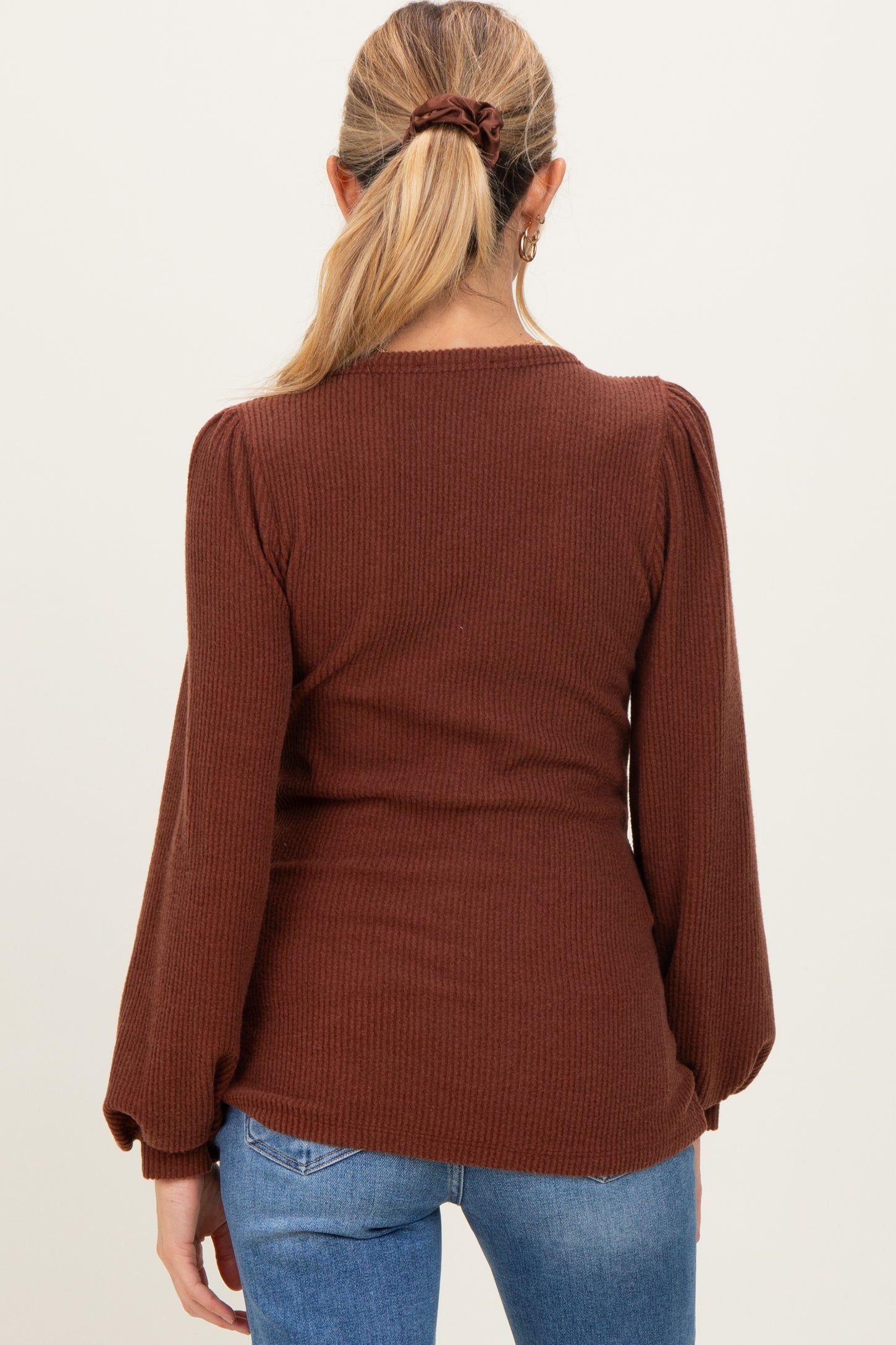 Brown Solid Ribbed Long Sleeve V-Neck Maternity Tunic Top