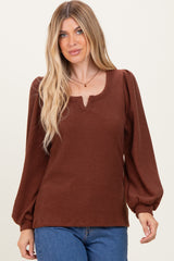 Brown Solid Ribbed Long Sleeve V-Neck Tunic Top