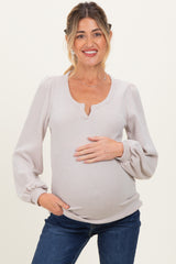 Beige Solid Ribbed Long Sleeve V-Neck Maternity Tunic Top