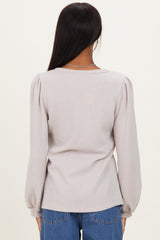 Beige Solid Ribbed Long Sleeve V-Neck Tunic Top