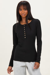 Black Solid Ribbed Long Sleeve Button Down Tunic Top