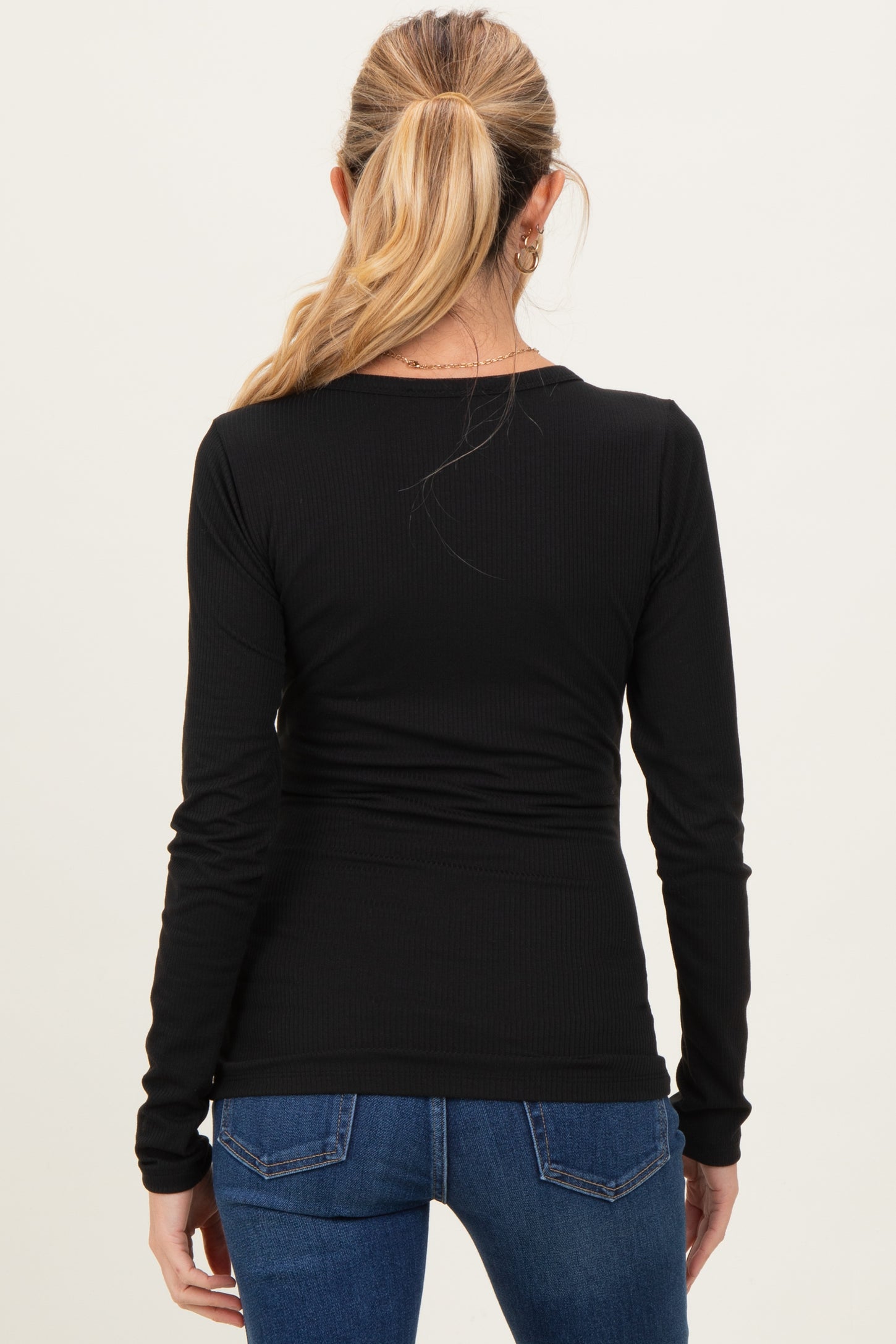 Black Solid Ribbed Long Sleeve Button Down Maternity Tunic Top