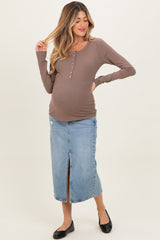 Mocha Solid Ribbed Long Sleeve Button Down Maternity Tunic Top