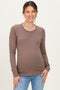Mocha Solid Ribbed Long Sleeve Round Neck Maternity Tunic Top